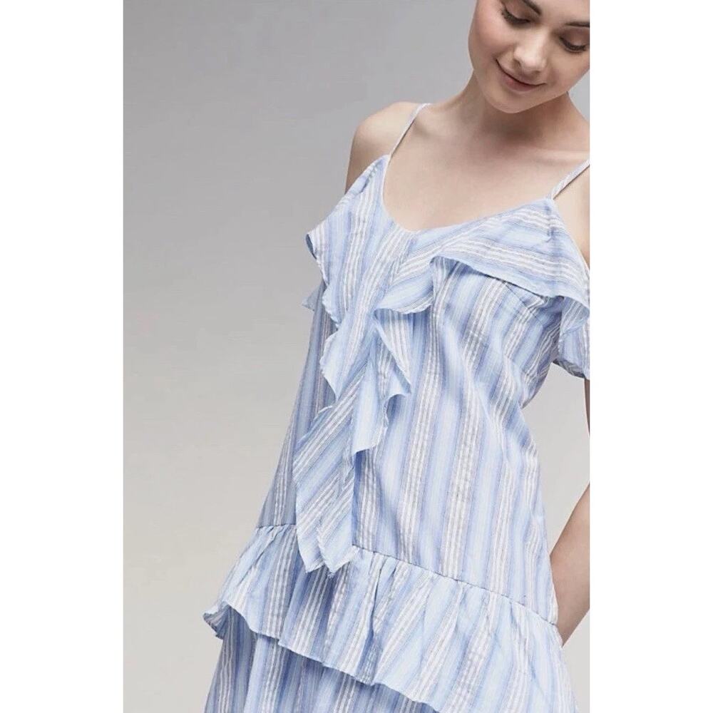 Moon River Anthropologie Blue White Stripe Ruffle Asymmetric Hanky Hem Dress M - Picture 4 of 14